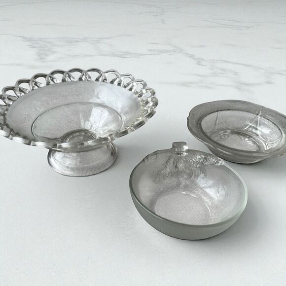 Set of 3 Vintage-Style Clear Glass Bowls – Pedestal, Etched, & Leaf Design - Picture 1 of 7